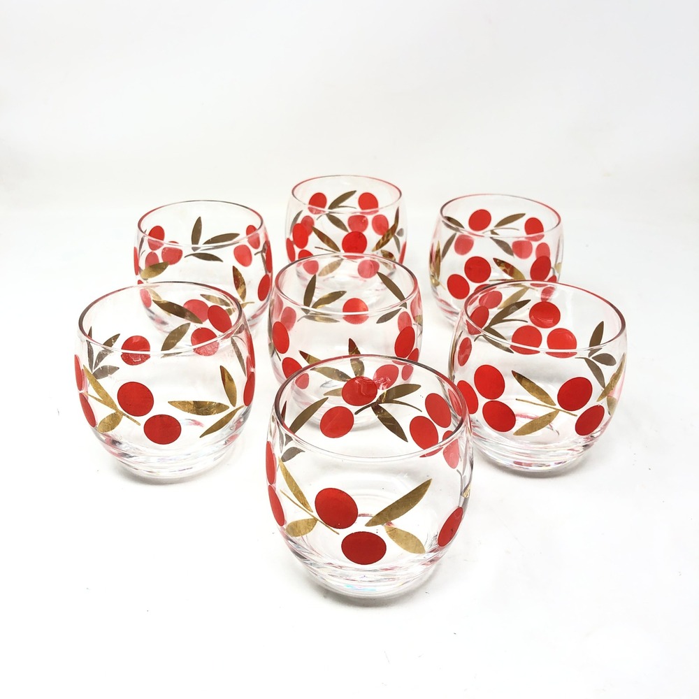 Vintage Federal Glass Roly Poly Cherry Red Berries Gold Leaves Cocktail Set of 7